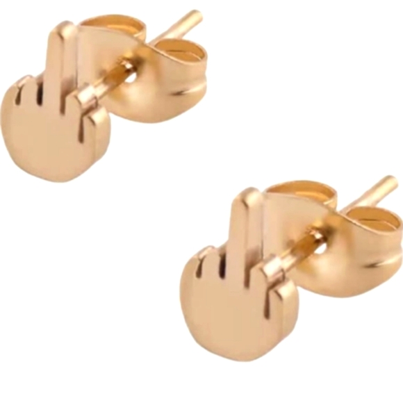 Gold Middle Finger Hand Post 1 Pair Earrings Statement Small Studs Fun Punk Joke - Picture 1 of 7